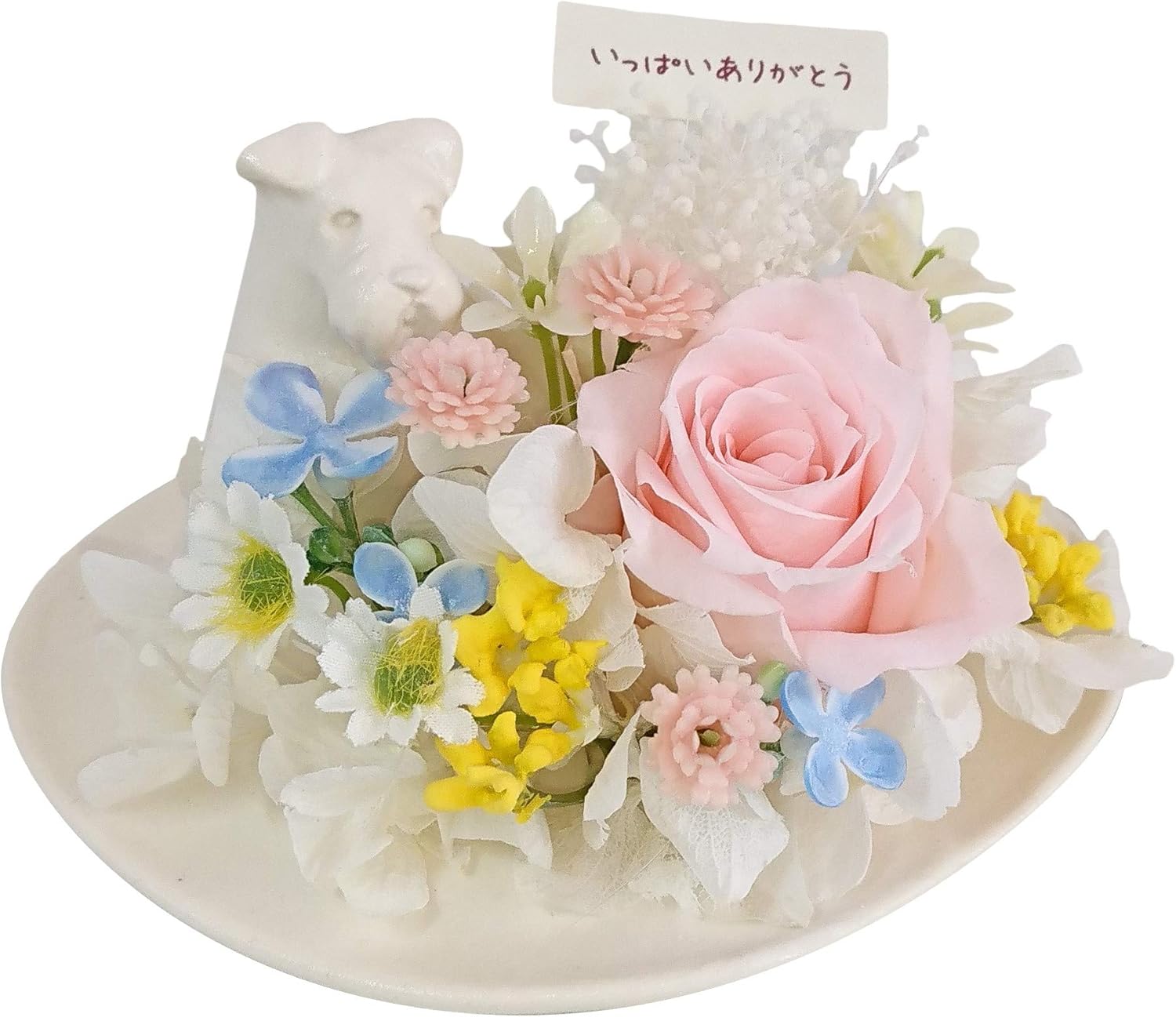 Amazon ペット お供え 花 メモリアルフラワー わんちゃんeタイプ シュナウザー風 お悔み 犬 命日 仏壇用 ペット供養 お供え花 イエロー プリザーブドフラワー オンライン通販