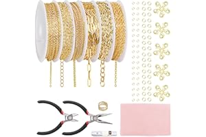 Fesorsi Gold Necklace Chain for Jewelry Making, 46ft 6 Style Rolled Steel DIY Jewelry Chain Roll Bracelet Bulk Link Plated Permanent for Earring Anklet Craft with Jump Ring, Lobster Clasp, Pliers