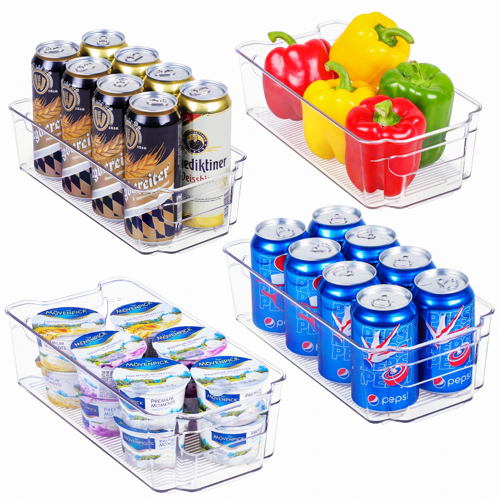 Set of 4 Refrigerator Organizer Bins - Plastic Refrigerator Storage Bins with Handle - Fridge Organizers and Storage Clear for Pantry, Kitchen, Freezer, Cabinet Organization, BPA Free - FOOYOO