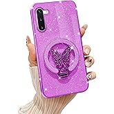 Tesazxcn for Samsung Galaxy Note 10 Case with Butterfly Stand Compatible with Magsafe, Women Girls Bling Luxury Glitter Clear Phone Case Shockproof Protective Cover for Galaxy Note 10, Purple