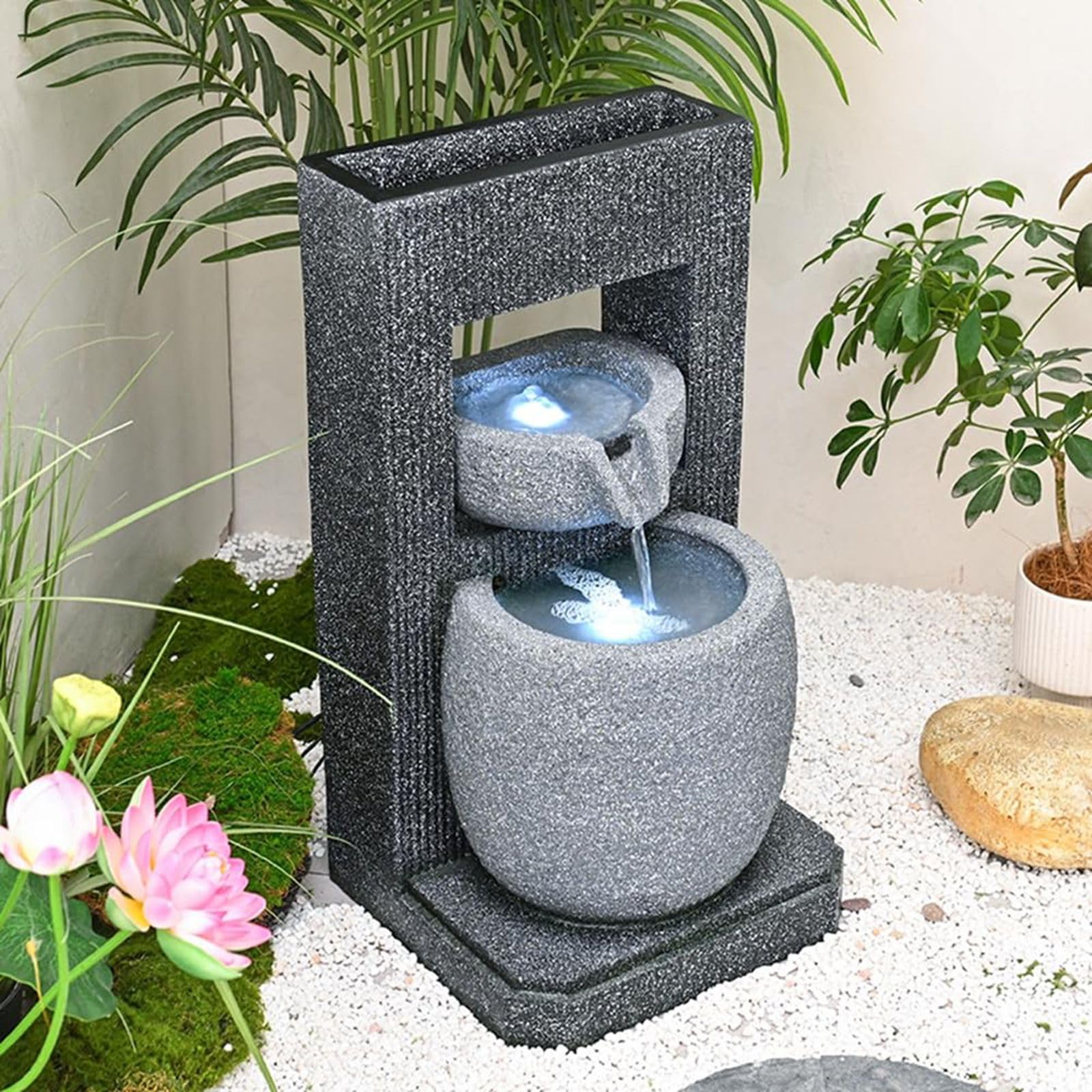 Qingyignge 27” H Modern Outdoor Fountain 2 Crocks Outdoor Garden Fountains LED Light for Garden, Patio, Deck, Porch, Backyard and Home Art Decor