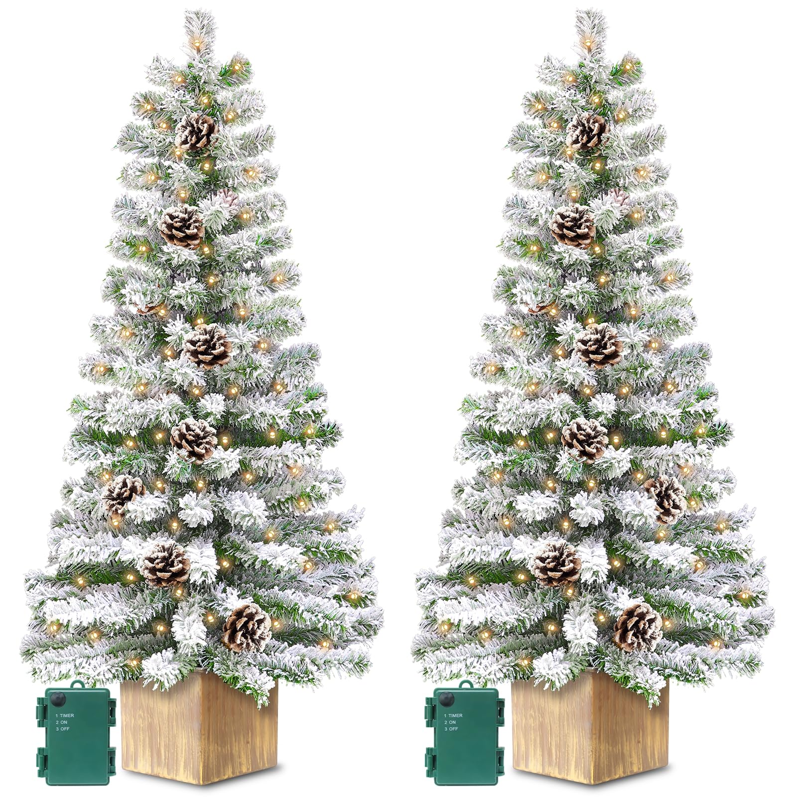 Photo 1 of 2 Pack 4 Ft Snow Flocked Christmas Entrance Tree, Artificial Xmas Tree with 60 LEDs Warm White Light Battery Operated 140 Branches 14 Pinecone Potted Tree for Outdoor Front Door Porch Home Decoration