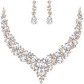 BriLove Women's Wedding Bridal Austrian Crystal Teardrop Cluster Statement Necklace Dangle Earrings Jewelry Set