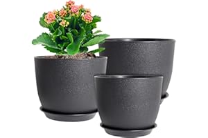 WSMKSZ 10/9/8 inch Medium Plant Pots, 3 Pack Modern Decorative Plastic Planters with Drainage Holes and Saucers, Flower Pots for Indoor Outdoor Plants, Black
