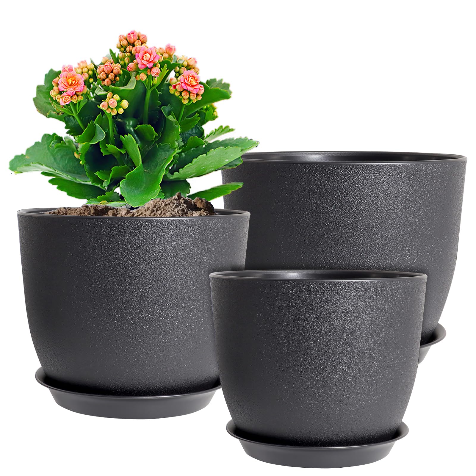 Photo 1 of WSMKSZ 12/10/9 inch Big Flower Pots, 3 Pack Modern Decorative Plastic Planters with Drainage Holes and Tray, Plant Pots for Indoor Outdoor Plants, Black