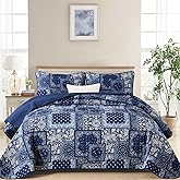 Cottolester Blue Patchwork Quilt Set Queen Size,Boho Navy Blue Quilt Set,Paisley Farmhouse Bedspread Soft Microfiber Bedding Set for All Season 96"x90"
