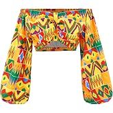 jascaela Women's Boho African Print Off Shoulder Long Lantern Sleeve Crop Top Sexy Slim Tops Ultra-Short Blouse Shirt