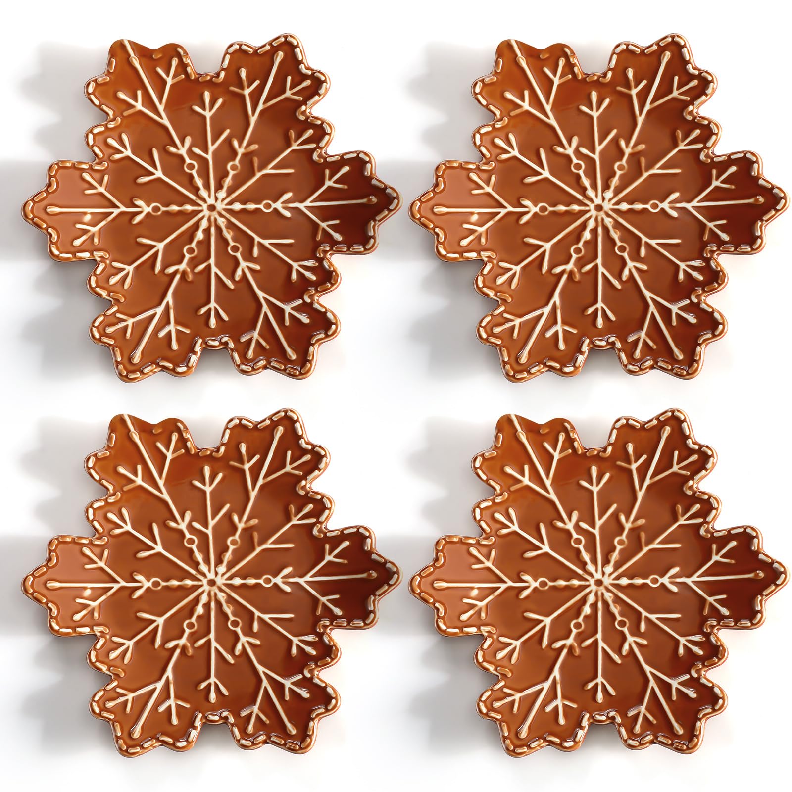 Photo 1 of Honeydak 4 Pcs Gingerbread Snowflake Ceramic Appetizer Plates Traditional Christmas Gingerbread Snowflake Accent Plate for Dessert Salad Appetizer Tapas Microwave and Dishwasher Safe Scratch Resistant