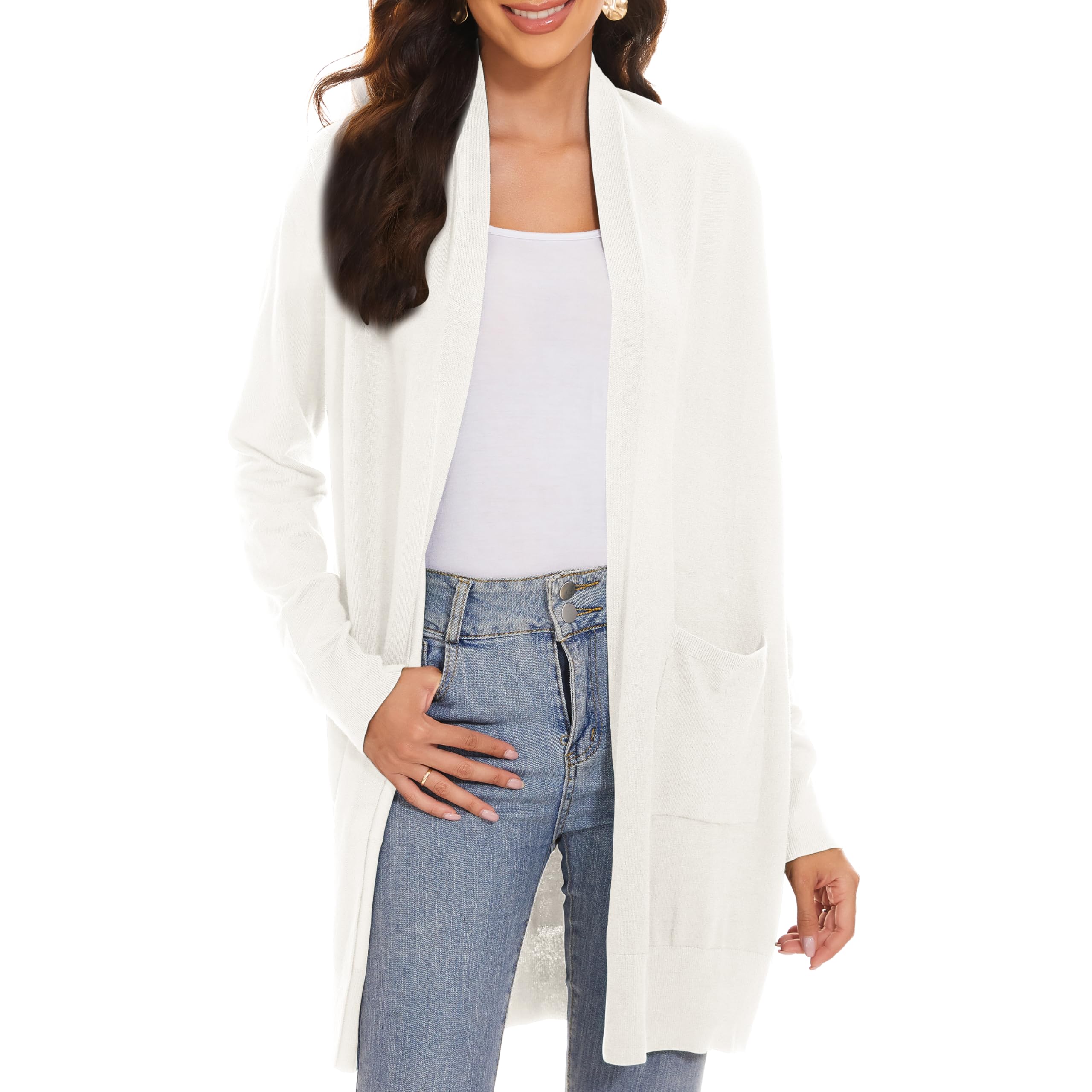 Photo 1 of Huuloo Women's Open Front Long Shawl Cardigan Sweater with Pockets White