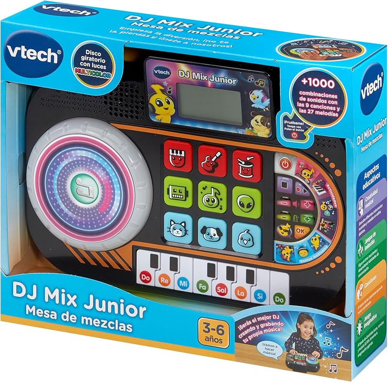 - DJ Mix Mesa de Mistura Infantil Júnior, Brinquedos Eletrónicos para Crianças +3 Anos, Painel Luminoso, Scratch Disc, Piano com 8 Teclas, 9 Canções, 27 Melodias e Minijogos, Versão ESP