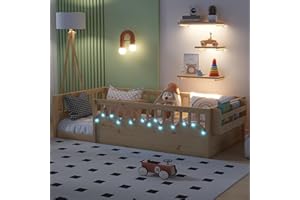 OYUMOENTS Twin Size Montessori Bed, Wood Twin Montessori Floor Bed with High Rails & Storage Shelf, Baby Floor Beds with LED Light for Boys & Girls, Natural