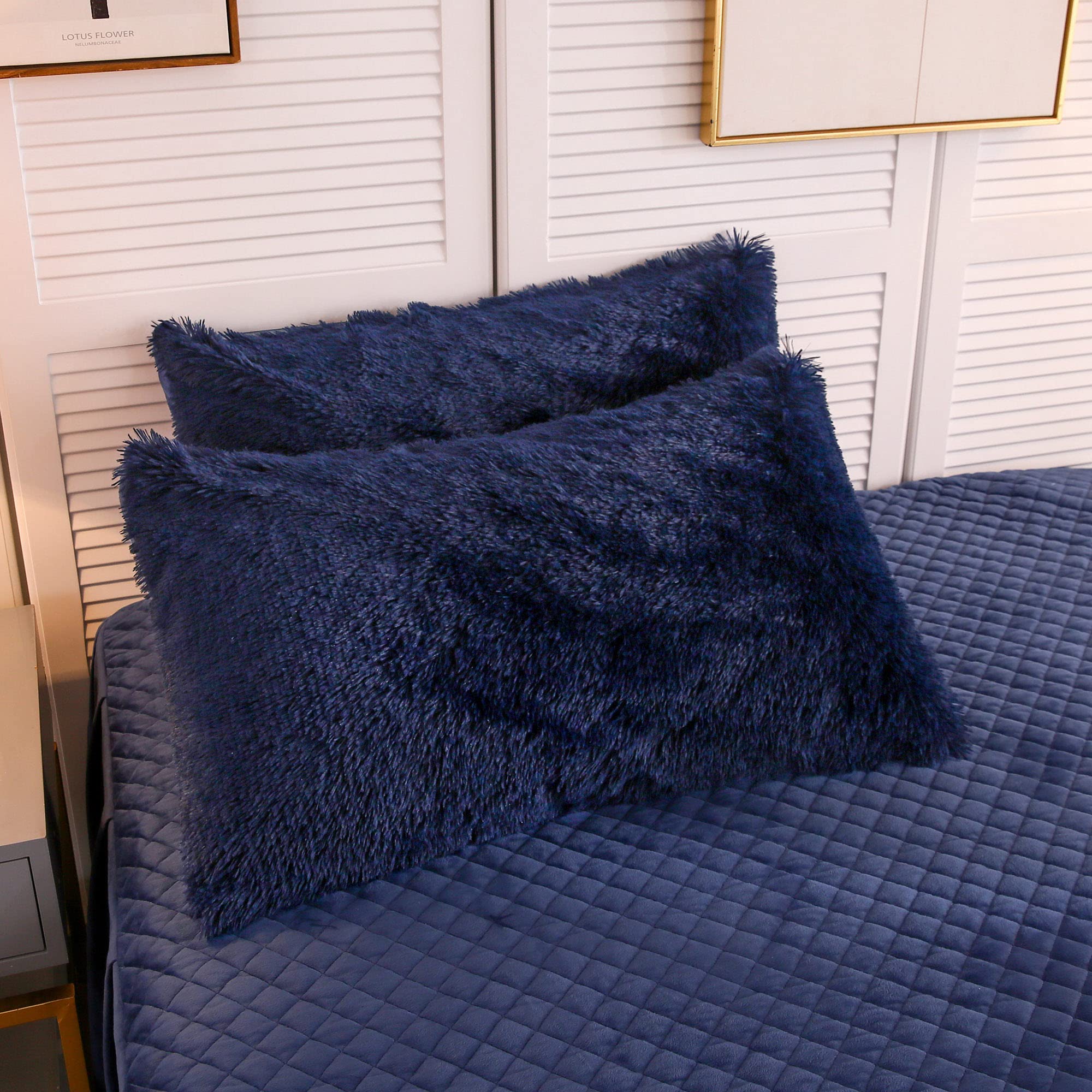 Photo 1 of LIFEREVO 2 Pack Royal Blue Faux Fur Pillow Shams,Shaggy Plush Home Decorative Luxury Series Super Soft Furry Pillow Case with Zipper Closure for Home Sofa Couch Decoration,Standard (Navy,20"x26")