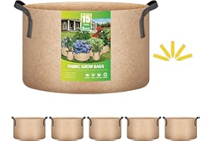 iPower 15 Gallon 5 Pack Grow Bags Nonwoven Fabric Pots Aeration Container with Strap Handles for Garden and Planting, 5-Pack Tan, 15 Gallon
