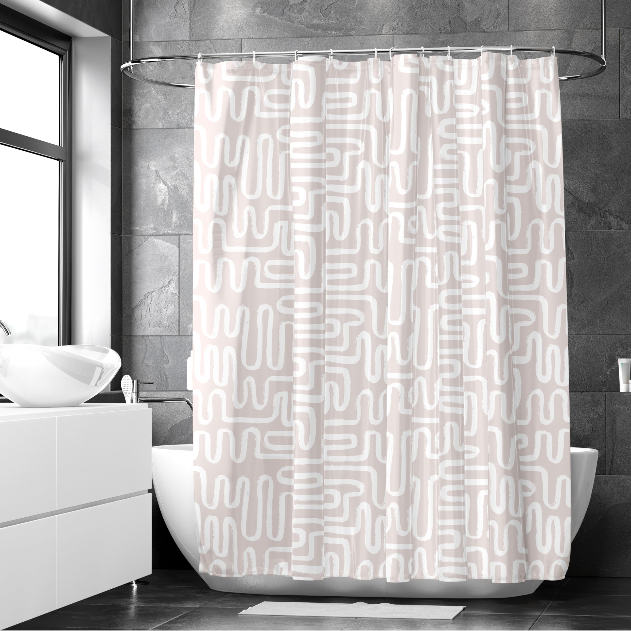 Encasa XO Bathroom Shower Curtains | Heavier Quality Waterproof Fabric | 180x210 cm | 10 free Hooks Included - Boho Maze Beige