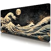 VNDL Large Japanese Black and Gold Gaming Mouse Pad, Sea Waves, Premium Non-Slip Anime Desk Pad for Office, Extended XL XXL Mouse Mat and Laptop Pad, Waterproof and Stiched Edges 31.5 x 15.7 in (wg1)