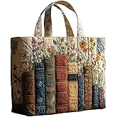 HiTotes Quilted Tote Bags for Women Vintage Bookish Floral Tote Bag Unique Large Shoulder Bag Cotton Hobo Bag for Shopping