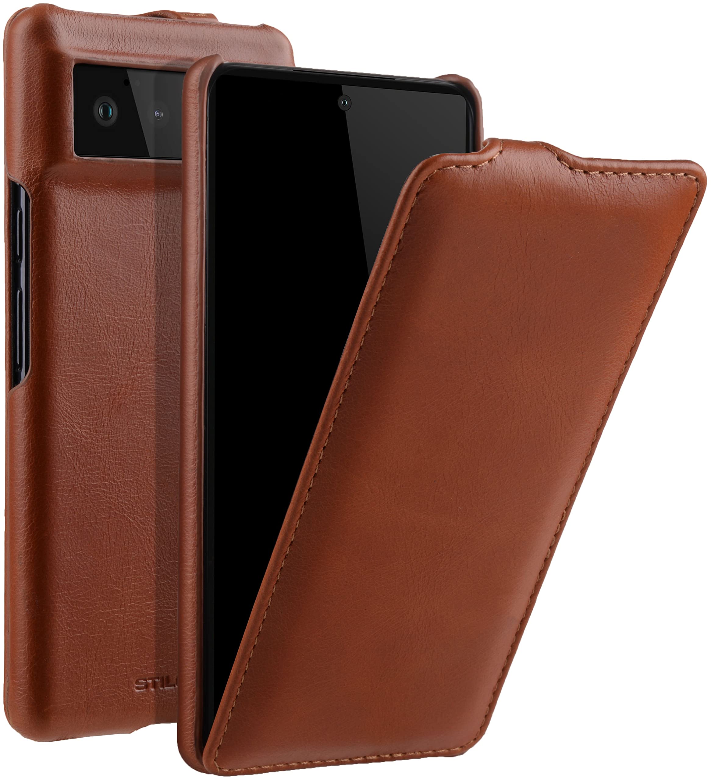 STILGUT UltraSlim Compatible with Google Pixel 6 Pro Case - Pixel 6 Pro Leather Flip Case, Flip Case, Mobile Phone Case, Leather Case - Cognac