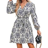 CUPSHE Women's V Neck Long Sleeve Floral Print Belted Mini Dress Casual A Line Short Dress