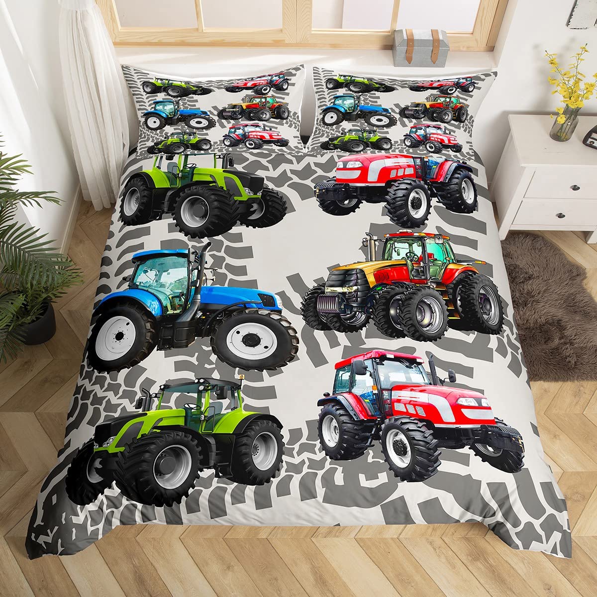 Loussiesd Tractors Comforter Cover Set King Size Boys Cartoon Construction Tractor Duvet Cover Kids Vehicles Truck Car Bedding Set for Children Teens Nursery Red Blue Green Cars Bedding & Linen