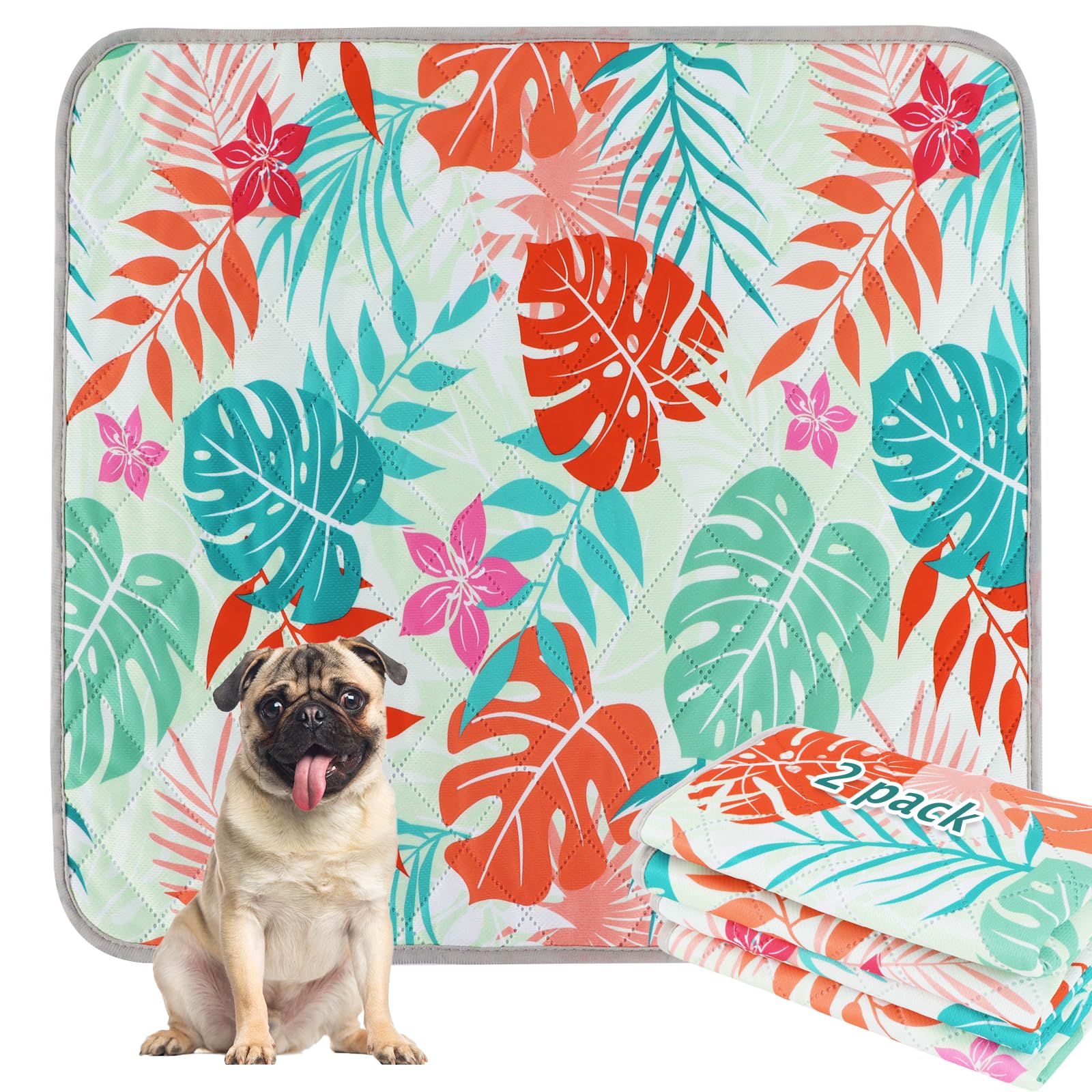 BVAGSS Washable Pee Pads for Dogs, 2 Pack Reusable Leakproof Puppy Wee Wee Pad, Non-Slip Waterproof Pet Training Pads, Super Absorbent Whelping Pads XH081 (Green Palm Leaves, 90x60cm)