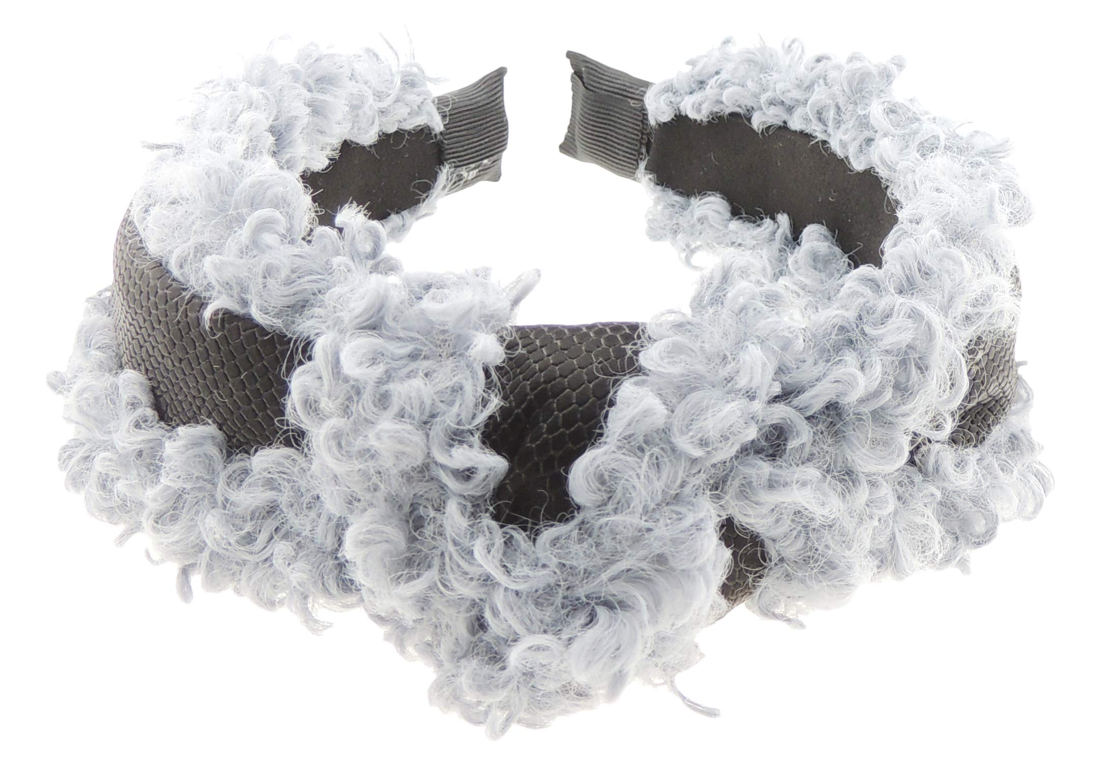 Womens Girls Soft Furry Fluffy Black Central Ribbon Trim Wool Look Top Knot Twist Wide Thick Fashion Formal Evening Boho Vintage Headband Alice Band Hair Hairband Accessory (Grey)