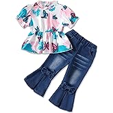 SODLON Baby Girl Clothes Toddler Girl Outfits Kids Puff Sleeve Shirt Top Flare Denim Pants Jeans Clothing for Little Girls