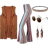 Leumoi 5 Pcs 60s 70s Costume for Women Disco Outfits Hippie Accessories Fringe Vest Boho Flared Pant for Mardi Gras Carnival