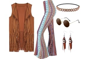 Leumoi 5 Pcs 60s 70s Costume for Women Disco Outfits Hippie Accessories Fringe Vest Boho Flared Pants Set for Halloween