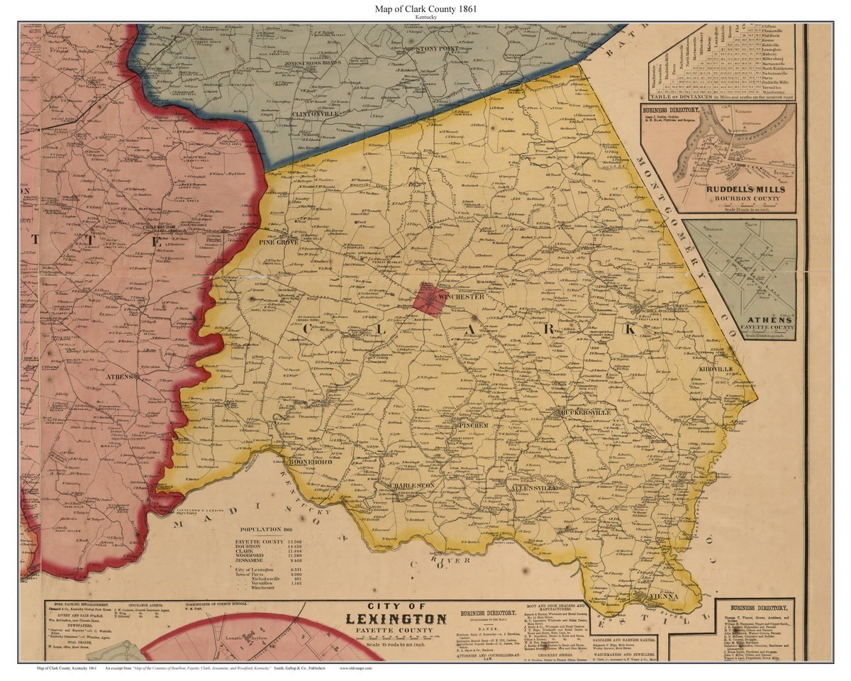 Clark County Kentucky 1861 Old Wall Map Custom Print Homeowner Names Excerpt