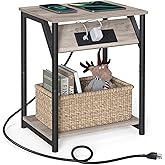 VASAGLE End Table with Charging Station, Small Side Table for Living Room, Bedroom, Nightstand with Outlets and USB Ports, Bedside Table with Storage Shelf, Heather Greige and Black
