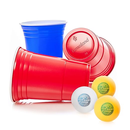 Lumaland Partybecher 50 Stück 16 oz Trinkbecher und 6 Beer Pong Bälle als Set extra Starke Plastikbecher rot und blau