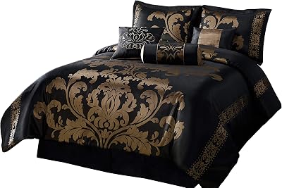 Chezmoi Collection 7-Piece Jacquard Floral Comforter Set, King, Black Gold