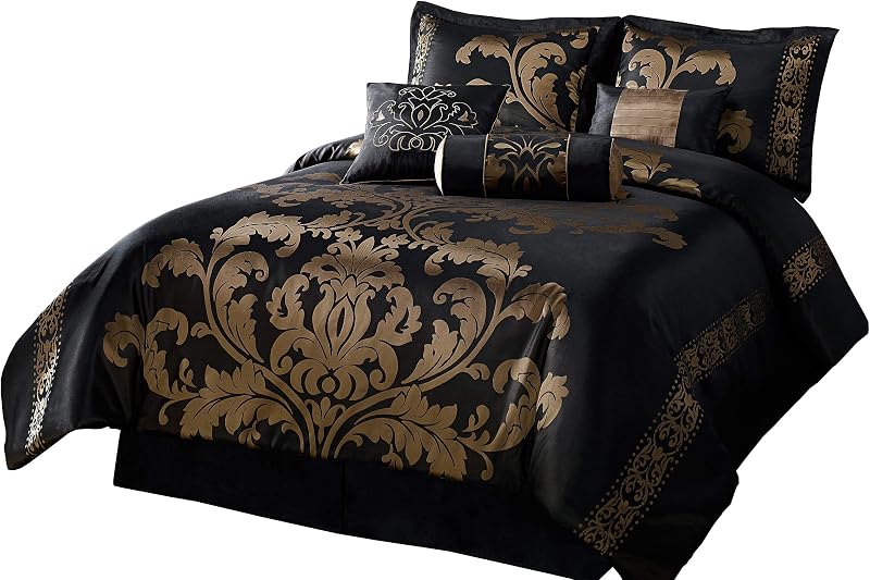 Chezmoi Collection 7-Piece Jacquard Floral Comforter Set, King, Black Gold
