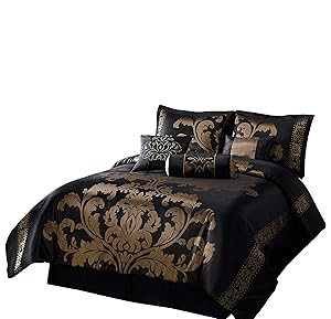 Chezmoi Collection 7-Piece Jacquard Floral Comforter Set Bed-in-a-Bag Set, Queen, Black Gold