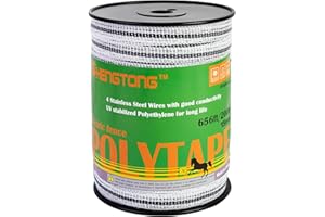 HENGTONG Electric Fence Poly Tape Horse Fencing Tape 656 Feet 200m, 3/5 Inch 15mm Width, 4 Strong 0.18mm Stainless Steel Conductors, White and Gray