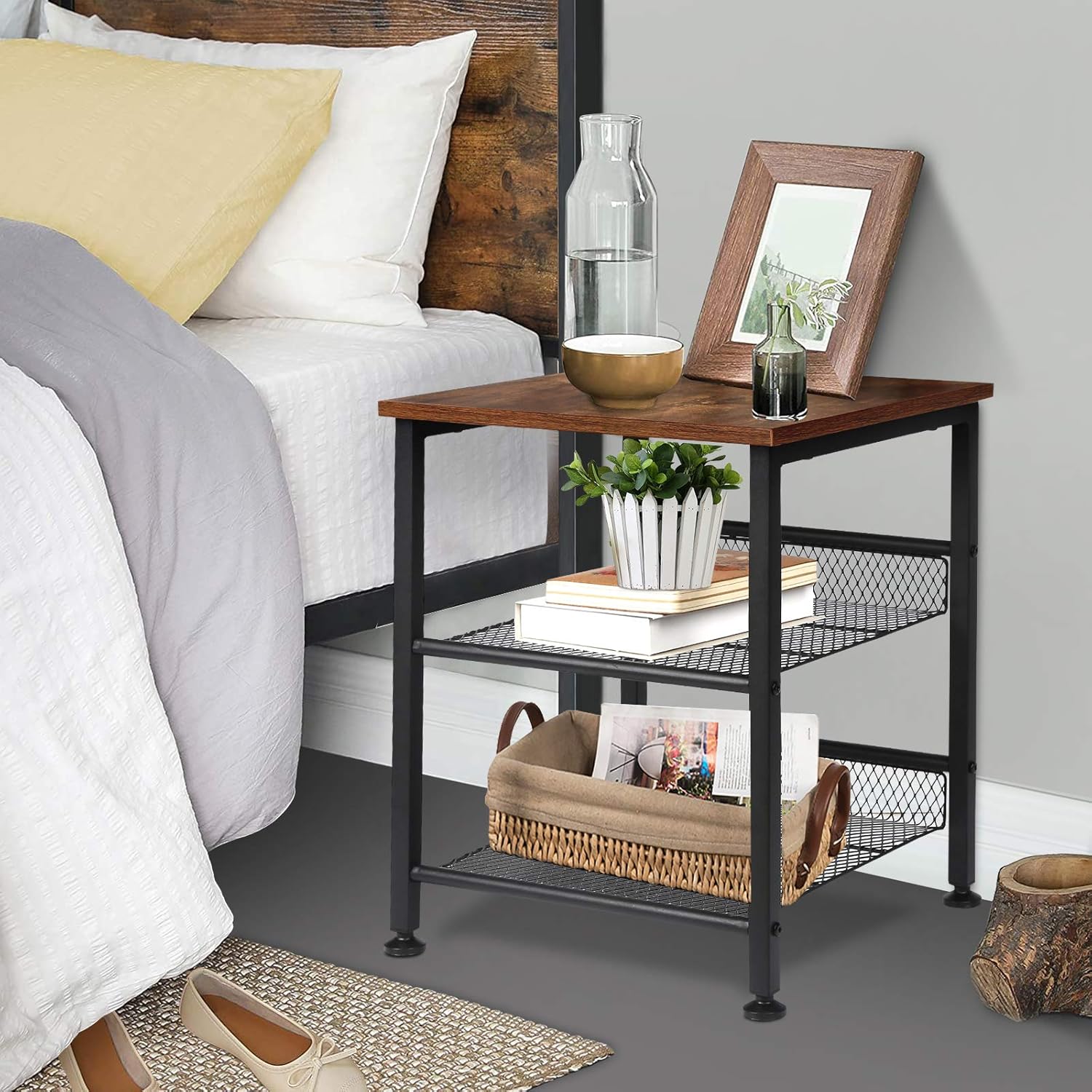 Tomcare 2 Pack End Table Nightstands 3 Tier Side Tables Set Night Stands with Metal Mesh Storage Shelves Industrial Night Tables with Metal Frame Solid Wood Small Tables for Living Room Bedroom: Home & Kitchen