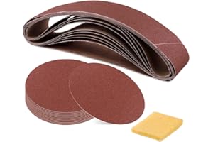Glarks 23Pcs Sanding Belts and Sanding Discs Set Including 10Pcs 4 x 36 Inch 80/120/150/240/400 Grits Sanding Belts and 12Pcs