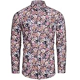 TUNEVUSE Mens Long Sleeve Floral Dress Shirt Flowered Pattern Print Button Down Shirts Cotton