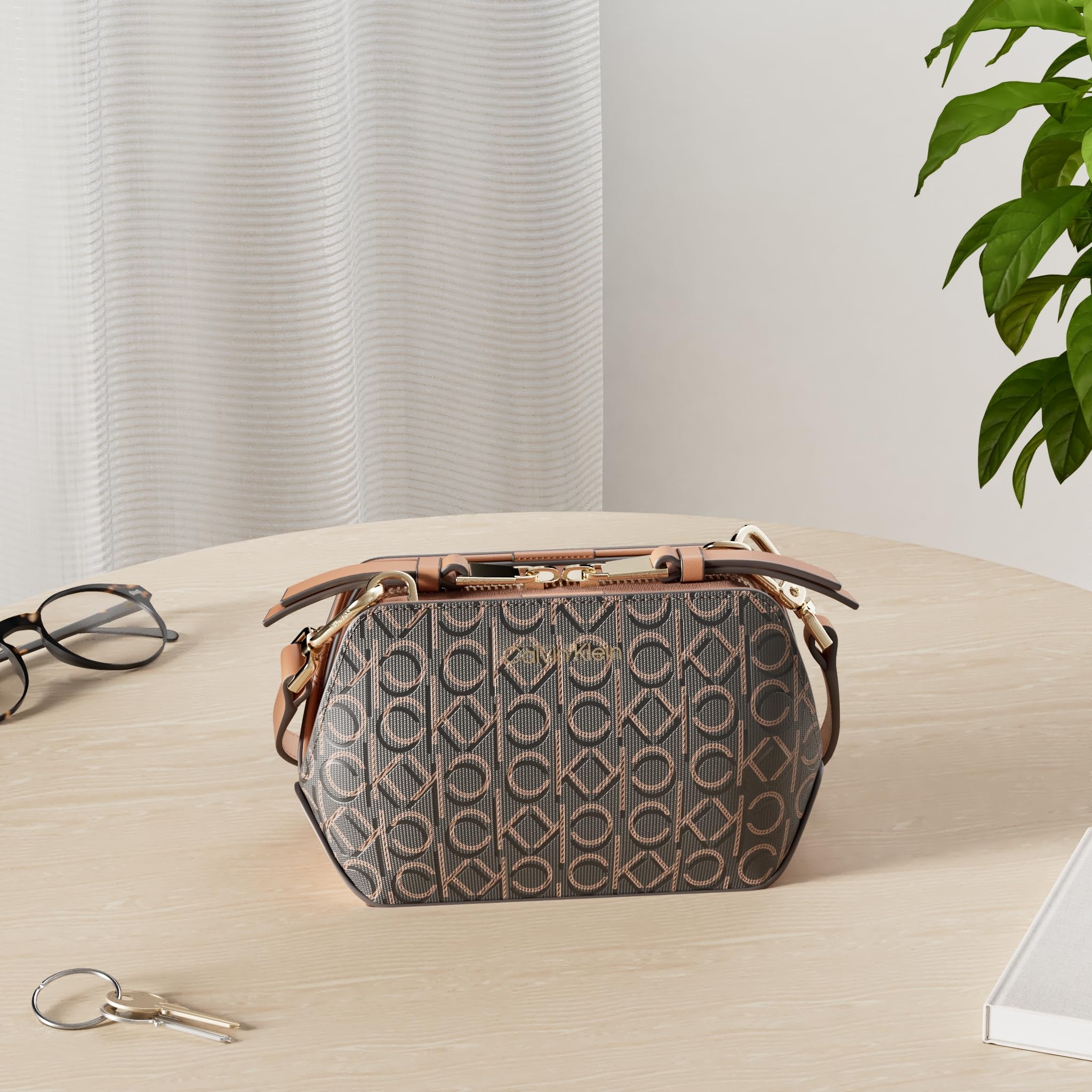 Calvin Klein Women's Lucy Triple Compartment Crossbody, Brown/Khaki/Caramel Embossed, One Size