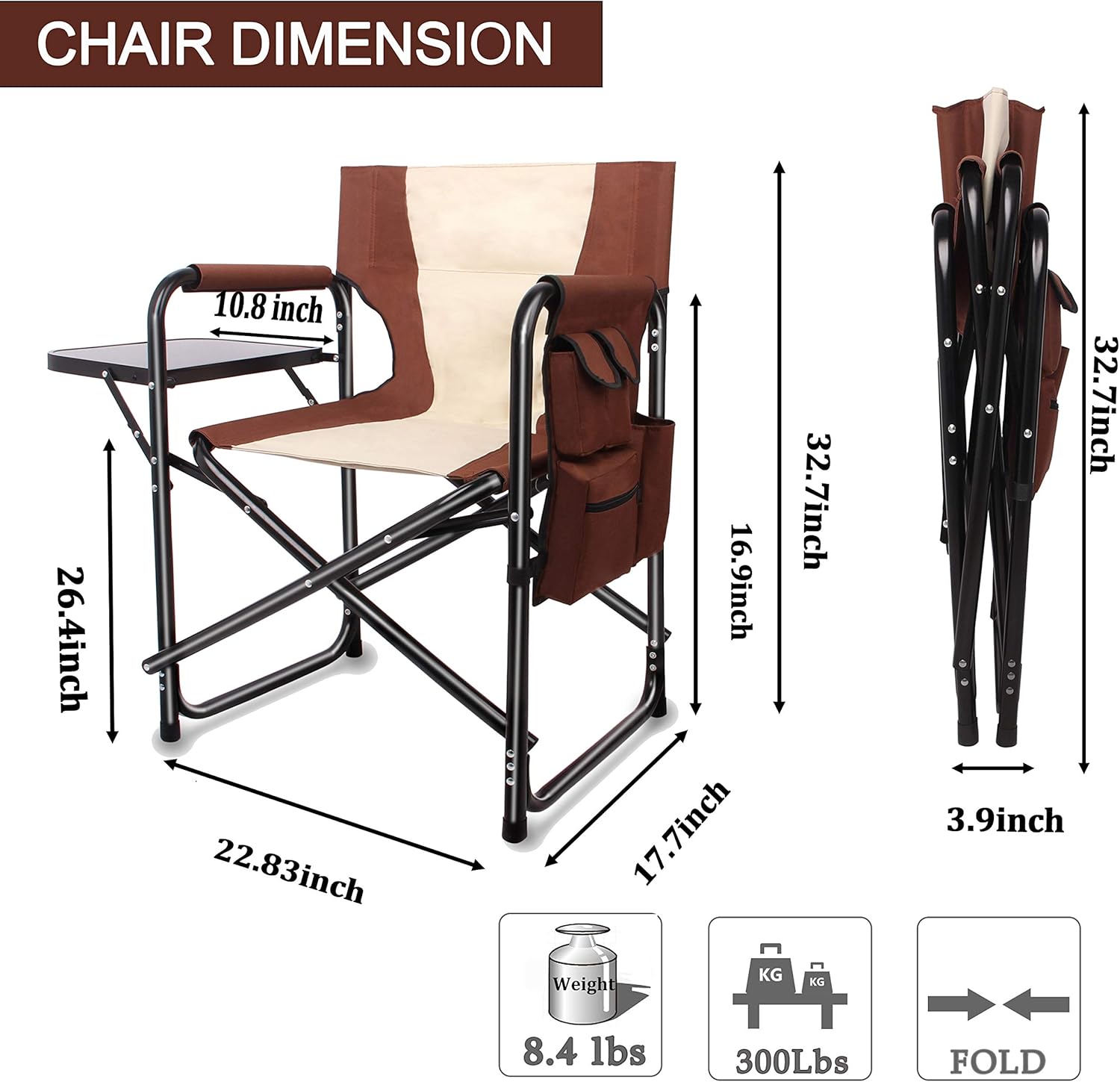 Camping Directors Chair Portable Folding Chair - Full Aluminum Frame Makeup Chair Artist Heavy Duty Lightweight with Armrest Side Table Storage Bag Indoor Outdoor 300 lbs Supports: Kitchen & Dining