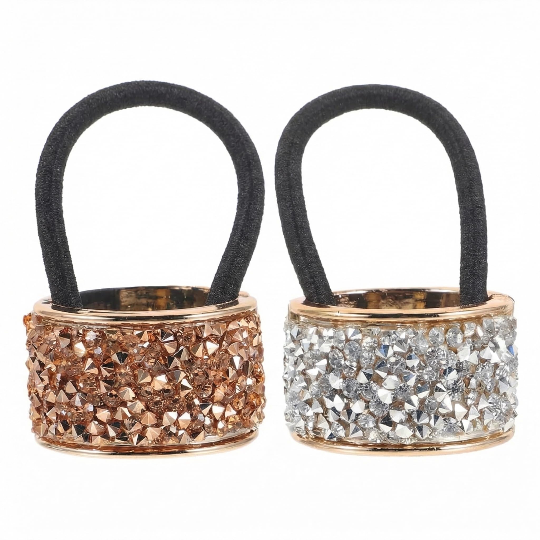 2PCS Rhinestone Glitter Hair Ponytail Holder Cuff Gothic Punk Elastic Band Rope Sparkly Crystal Hair Ties Styling Wrap Set for Women Girls Gold&Silver