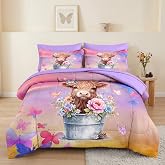 Pamnest Twin Comforter Set with Sheets, 5 Pieces Highland Cow Bedding | Bed in A Bag for All Season, Calf Pink Butterfly for Kids and Adults, Pillowcase &amp; Sham
