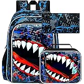 ZLYERT 3Pcs Shark Backpack for Boys, 17" Kids Bookbag for Elementary Preschool Kindergarten, School Backpacks with Lunch Box (Blue)