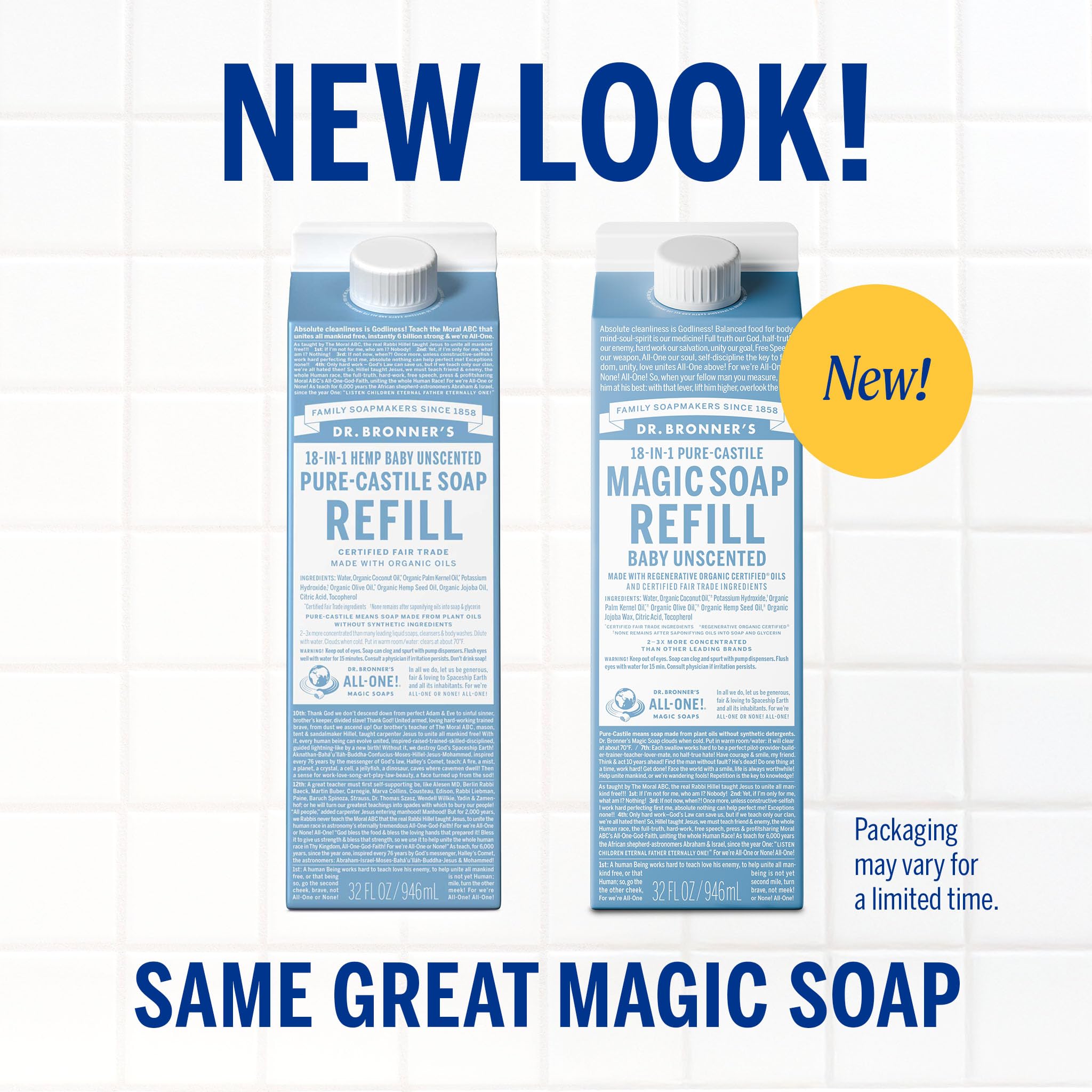 Dr. Bronner's Pure-Castile Liquid Magic Soap Bottle & Refill Carton - Made with Regenerative Organic Certified Oils- 18-in-1 Uses for Face, Body Wash, Hand Soap Refill- Baby Unscented, 32 oz