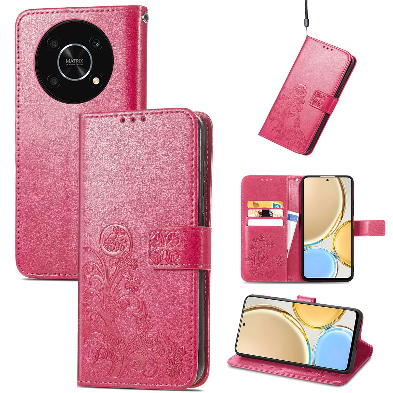JIUNINE Case for Honor Magic 4 Lite, Leather Wallet Case Flip Cover with Lucky Clover Pattern [Card Holder] [Magnetic Closure] [TPU Inner Shell] for Honor Magic4 Lite, Red