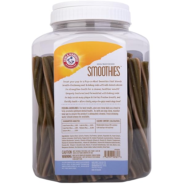 ARM & HAMMER FOR PETS SMOOTHIES DENTAL TREATS FOR DOGS WITH BAKING SODA AND CALCIUM, TREAT CHEWS HELP FIGHT BAD BREATH, PLAQUE & TARTAR WITHOUT BRUSHING, MINT, 57 PCS (PACKAGING MAY VARY)