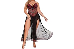 Alrovetoney Plus Size Lingerie for Women Babydoll Sexy Mesh Maxi Nightdress Exotic Sleepwear Side Slits