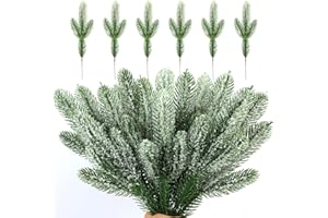 TIANMU 30PCS Christmas Artificial Pine Branches with Snow 10Inch Artificial Pine Needles Frosted Flocked Pine Picks Faux Pine Sprays Stems Twigs for DIY Wreaths Winter Christmas Wedding Holiday