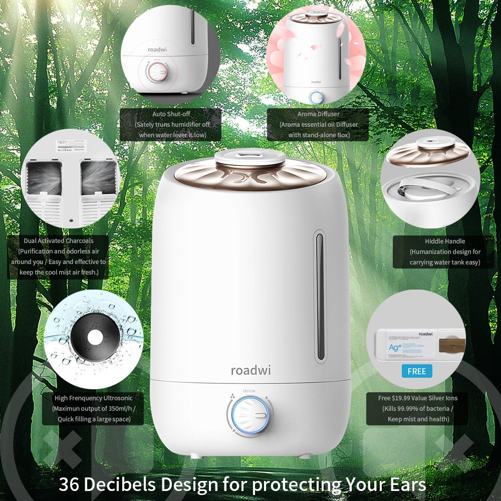 Roadwi 5L Antibacterial Diffuser Humidifier, Large Capacity Ultrasonic Diffusers Running 20+ Hours, Adjustable Mist mode for Home Office Bedroom Living Room Yoga (FREE Silver Ion Water Purifier)