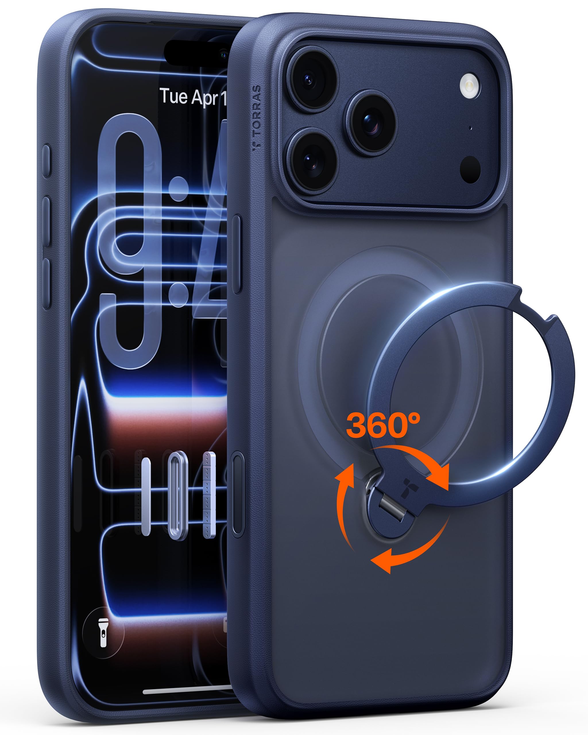 Photo 1 of TORRAS Ostand Q3 Spin for iPhone 17 Pro Case with 360 Magnetic Stand, Fit for MagSafe, Camera Control, Built-in Kickstand, 4X Military-Grade Shockproof Slim Phone Case for iPhone 17 Pro, Deep Blue
